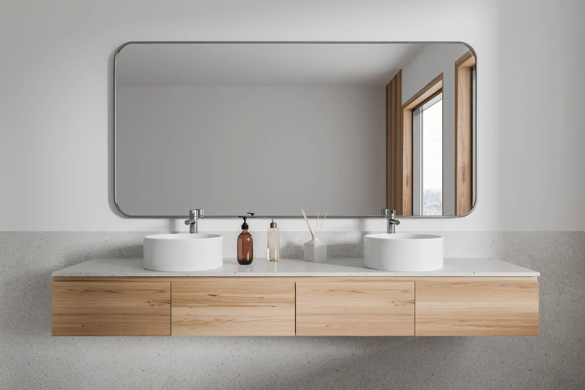 Luxurious bathroom vanity with double sinks and large mirror, perfect for stylish shower enclosure upgrades.